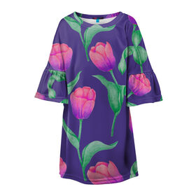 Детское платье 3D с принтом Тюльпаны на фиолетовом фоне в Петрозаводске, 100% полиэстер | прямой силуэт, чуть расширенный к низу. Круглая горловина, на рукавах — воланы | зеленый | листья | любовь | паттерн | праздник | природа | растения | розовый | романтика | тюльпаны | узор | фиолетовый | цветы