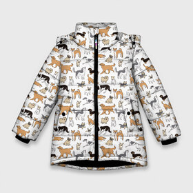 Зимняя куртка для девочек 3D с принтом Узор собаки много в Петрозаводске, ткань верха — 100% полиэстер; подклад — 100% полиэстер, утеплитель — 100% полиэстер. | длина ниже бедра, удлиненная спинка, воротник стойка и отстегивающийся капюшон. Есть боковые карманы с листочкой на кнопках, утяжки по низу изделия и внутренний карман на молнии. 

Предусмотрены светоотражающий принт на спинке, радужный светоотражающий элемент на пуллере молнии и на резинке для утяжки. | Тематика изображения на принте: гав | детский | домашнее животное | животный | звери | команды | лапы | любителю животных | морды | песель | песик | псы | собаки | собачка | узор | хвост | шаблон | щенки