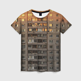 Женская футболка 3D с принтом Панелька в Петрозаводске, 100% полиэфир ( синтетическое хлопкоподобное полотно) | прямой крой, круглый вырез горловины, длина до линии бедер | архитектура | грусть | здание | панелька | панельный дом | россия | советский | ссср | фото | эстетика