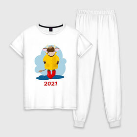 Женская пижама хлопок с принтом Год быка 2021 в Петрозаводске, 100% хлопок | брюки и футболка прямого кроя, без карманов, на брюках мягкая резинка на поясе и по низу штанин | 