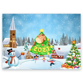 Поздравительная открытка с принтом Елочка - год быка 2021 в Петрозаводске, 100% бумага | плотность бумаги 280 г/м2, матовая, на обратной стороне линовка и место для марки
 | Тематика изображения на принте: 2021 | 7 января | bull | newyear | santa | бык | быки | бычок | год быка | дед мороз | корова | новогодние каникулы | новогодние праздники | новый 2021 | новый год | новый год 2021 | рождество | сани | санта | санта клаус