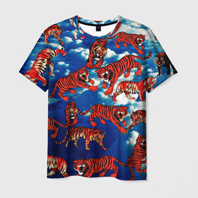 Мужская футболка 3D с принтом Тигры В Облаках в Петрозаводске, 100% полиэфир | прямой крой, круглый вырез горловины, длина до линии бедер | белый | животные | звери | кот | кошки | красный | небо | облака | полосатый | природа | рычит | синий | тигры | тренд
