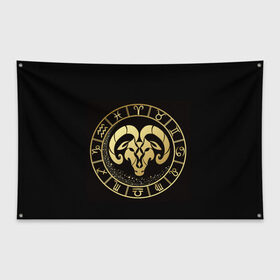 Флаг-баннер с принтом Овен в Петрозаводске, 100% полиэстер | размер 67 х 109 см, плотность ткани — 95 г/м2; по краям флага есть четыре люверса для крепления | знаки зодиака | золотой рисунок | овен | черный фон
