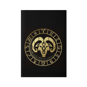 Обложка для паспорта матовая кожа с принтом Овен в Петрозаводске, натуральная матовая кожа | размер 19,3 х 13,7 см; прозрачные пластиковые крепления | знаки зодиака | золотой рисунок | овен | черный фон
