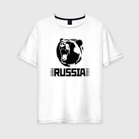 Женская футболка хлопок Oversize с принтом Russia в Петрозаводске, 100% хлопок | свободный крой, круглый ворот, спущенный рукав, длина до линии бедер
 | bear | russia | медведь | мишка | россия | рф | черный