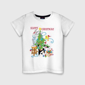 Детская футболка хлопок с принтом Happy Christmas! в Петрозаводске, 100% хлопок | круглый вырез горловины, полуприлегающий силуэт, длина до линии бедер | bugs | bunny | cat | looney | sylvester | tunes | vdzajul | багз | бани | банни | сильвестр кот | твити