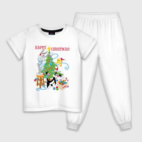 Детская пижама хлопок с принтом Happy Christmas! в Петрозаводске, 100% хлопок |  брюки и футболка прямого кроя, без карманов, на брюках мягкая резинка на поясе и по низу штанин
 | Тематика изображения на принте: bugs | bunny | cat | looney | sylvester | tunes | vdzajul | багз | бани | банни | сильвестр кот | твити