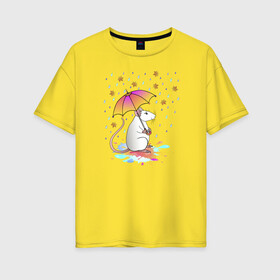 Женская футболка хлопок Oversize с принтом Крыса под зонтиком в Петрозаводске, 100% хлопок | свободный крой, круглый ворот, спущенный рукав, длина до линии бедер
 | дождь | животное | зонт | крыса | лужи | мультяшное | мышь | осенние листья | осень