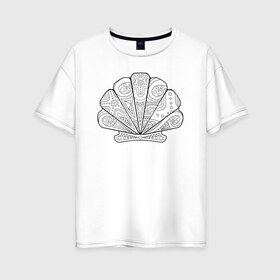Женская футболка хлопок Oversize с принтом Морская ракушка с узорами в Петрозаводске, 100% хлопок | свободный крой, круглый ворот, спущенный рукав, длина до линии бедер
 | гребешок | линейный | море | морское | океан | ракушка | узоры | чёрно  белый