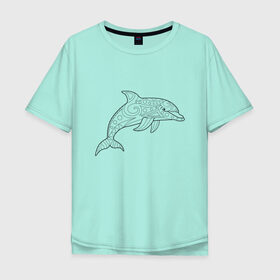 Мужская футболка хлопок Oversize с принтом Дельфин линейный с узорами в Петрозаводске, 100% хлопок | свободный крой, круглый ворот, “спинка” длиннее передней части | дельфин | животное | линейный | морское | океанское | узоры | чёрно  белый