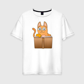 Женская футболка хлопок Oversize с принтом Кот в очках читает книгу в Петрозаводске, 100% хлопок | свободный крой, круглый ворот, спущенный рукав, длина до линии бедер
 | животное | кот | кот учёный | кошка | мультяшный | очки | рыжий | чтение