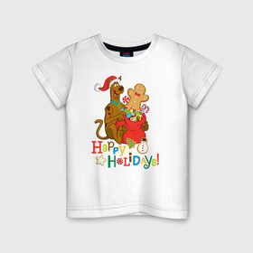 Детская футболка хлопок с принтом Happy holidays в Петрозаводске, 100% хлопок | круглый вырез горловины, полуприлегающий силуэт, длина до линии бедер | 005850 | scooby doo | shaggy | vdkotan | велма | дафна | скуби | скуби ду | шэгги