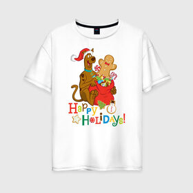 Женская футболка хлопок Oversize с принтом Happy holidays в Петрозаводске, 100% хлопок | свободный крой, круглый ворот, спущенный рукав, длина до линии бедер
 | 005850 | scooby doo | shaggy | vdkotan | велма | дафна | скуби | скуби ду | шэгги
