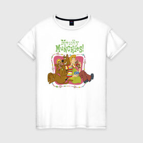 Женская футболка хлопок с принтом Merry munchies в Петрозаводске, 100% хлопок | прямой крой, круглый вырез горловины, длина до линии бедер, слегка спущенное плечо | 005850 | scooby doo | shaggy | vdkotan | велма | дафна | скуби | скуби ду | шэгги