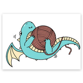 Поздравительная открытка с принтом Маленький дракончик в Петрозаводске, 100% бумага | плотность бумаги 280 г/м2, матовая, на обратной стороне линовка и место для марки
 | динозавр | дракон | дракончик | клубок | малыш | нитки