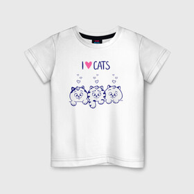 Детская футболка хлопок с принтом I love cats в Петрозаводске, 100% хлопок | круглый вырез горловины, полуприлегающий силуэт, длина до линии бедер | Тематика изображения на принте: cat | cats | i love | i love cats | love | love cats | three cats | кот | котенок | коты | котята | котята сердечки | кошки сердечки | люблю котов | люблю кошек | сердечки | три кота | три котенка | три кошки | я люблю