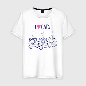 Мужская футболка хлопок с принтом I love cats в Петрозаводске, 100% хлопок | прямой крой, круглый вырез горловины, длина до линии бедер, слегка спущенное плечо. | Тематика изображения на принте: cat | cats | i love | i love cats | love | love cats | three cats | кот | котенок | коты | котята | котята сердечки | кошки сердечки | люблю котов | люблю кошек | сердечки | три кота | три котенка | три кошки | я люблю
