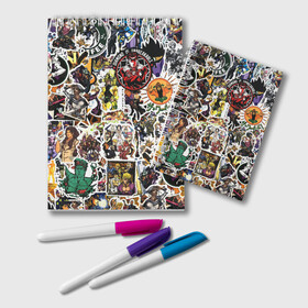 Блокнот с принтом JoJo’s Sticker Bombing в Петрозаводске, 100% бумага | 48 листов, плотность листов — 60 г/м2, плотность картонной обложки — 250 г/м2. Листы скреплены удобной пружинной спиралью. Цвет линий — светло-серый
 | anime | jojo’s bizarre adventure | sticker bombing | аниме | джо джо | жо жо | манга | мультфильм | невероятные приключения джоджо | персонаж | стикер бомбинг