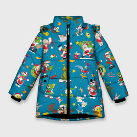 Зимняя куртка для девочек 3D с принтом Looney Tunes Christmas в Петрозаводске, ткань верха — 100% полиэстер; подклад — 100% полиэстер, утеплитель — 100% полиэстер. | длина ниже бедра, удлиненная спинка, воротник стойка и отстегивающийся капюшон. Есть боковые карманы с листочкой на кнопках, утяжки по низу изделия и внутренний карман на молнии. 

Предусмотрены светоотражающий принт на спинке, радужный светоотражающий элемент на пуллере молнии и на резинке для утяжки. | Тематика изображения на принте: bugs | bunny | cat | coyote | daffy | duck | looney | marvin | pig | porky | sylvester | tunes | tweety | vdzajul | wile | багз | бани | банни | вайл | дак | даффи | дьявол | койот | кот | лола | марвин | марсианин | пиг | порки | силь