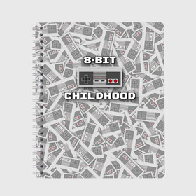 Тетрадь с принтом 8-bit childhood в Петрозаводске, 100% бумага | 48 листов, плотность листов — 60 г/м2, плотность картонной обложки — 250 г/м2. Листы скреплены сбоку удобной пружинной спиралью. Уголки страниц и обложки скругленные. Цвет линий — светло-серый
 | Тематика изображения на принте: 8 bit | 8 бит | dendy | nes | nintendo | денди | джойстик | нинтендо