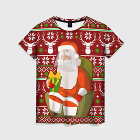 Женская футболка 3D с принтом Санта с защитным экраном в Петрозаводске, 100% полиэфир ( синтетическое хлопкоподобное полотно) | прямой крой, круглый вырез горловины, длина до линии бедер | deer | happy new year | new year | santa | защитный экран | корона | коронавирус | новогодний свитер | новый год | санта | санта клаус | свитер | свитер с маской | свитер с оленями