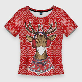 Женская футболка 3D Slim с принтом Deer in a medical mask в Петрозаводске,  |  | deer | happy new year | new year | santa | защитный экран | корона | коронавирус | новогодний свитер | новый год | свитер | свитер с маской | свитер с оленями