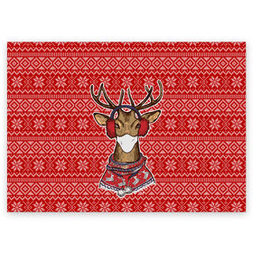 Поздравительная открытка с принтом Deer in a medical mask в Петрозаводске, 100% бумага | плотность бумаги 280 г/м2, матовая, на обратной стороне линовка и место для марки
 | Тематика изображения на принте: deer | happy new year | new year | santa | защитный экран | корона | коронавирус | новогодний свитер | новый год | свитер | свитер с маской | свитер с оленями