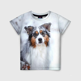 Детская футболка 3D с принтом Австралийская овчарка в Петрозаводске, 100% гипоаллергенный полиэфир | прямой крой, круглый вырез горловины, длина до линии бедер, чуть спущенное плечо, ткань немного тянется | dog | австралийская | животные | овчарка | пес | природа | собака | собаки | собакчка | собачки