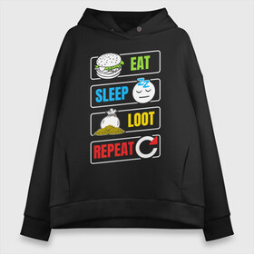 Женское худи Oversize хлопок с принтом Eat Sleep Loot Repeat в Петрозаводске, френч-терри — 70% хлопок, 30% полиэстер. Мягкий теплый начес внутри —100% хлопок | боковые карманы, эластичные манжеты и нижняя кромка, капюшон на магнитной кнопке | Тематика изображения на принте: battle royale | dnd | loot | repeat | лут