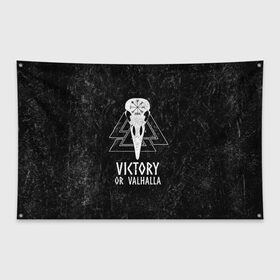 Флаг-баннер с принтом Victory or Valhalla в Петрозаводске, 100% полиэстер | размер 67 х 109 см, плотность ткани — 95 г/м2; по краям флага есть четыре люверса для крепления | вальхалла | викинг | ворон | символ | скандинавия | череп | язычество