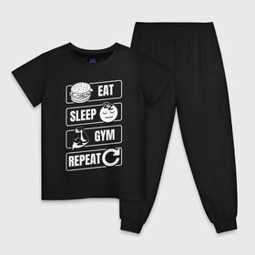 Детская пижама хлопок с принтом Eat Sleep Gym Repeat в Петрозаводске, 100% хлопок |  брюки и футболка прямого кроя, без карманов, на брюках мягкая резинка на поясе и по низу штанин
 | Тематика изображения на принте: eat sleep | gym repeat | бодибилдинг | качалка | мотивация | спорт | фитнес