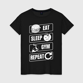 Женская футболка хлопок с принтом Eat Sleep Gym Repeat в Петрозаводске, 100% хлопок | прямой крой, круглый вырез горловины, длина до линии бедер, слегка спущенное плечо | eat sleep | gym repeat | бодибилдинг | качалка | мотивация | спорт | фитнес