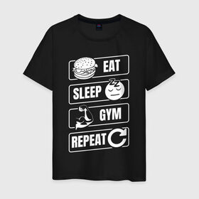 Мужская футболка хлопок с принтом Eat Sleep Gym Repeat в Петрозаводске, 100% хлопок | прямой крой, круглый вырез горловины, длина до линии бедер, слегка спущенное плечо. | Тематика изображения на принте: eat sleep | gym repeat | бодибилдинг | качалка | мотивация | спорт | фитнес