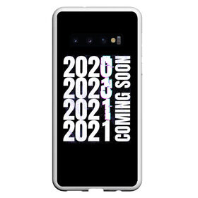 Чехол для Samsung Galaxy S10 с принтом 2021 Coming Soon в Петрозаводске, Силикон | Область печати: задняя сторона чехла, без боковых панелей | Тематика изображения на принте: 2021 | глитч | наступающий | неон | новый год | праздник