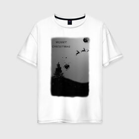 Женская футболка хлопок Oversize с принтом Merry Christmas в Петрозаводске, 100% хлопок | свободный крой, круглый ворот, спущенный рукав, длина до линии бедер
 | белый | ёлка | луна | новый год | черный