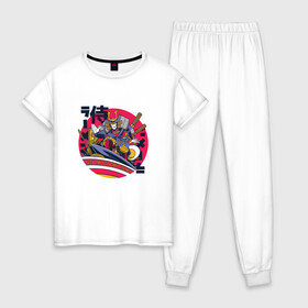 Женская пижама хлопок с принтом Ramen Samurai в Петрозаводске, 100% хлопок | брюки и футболка прямого кроя, без карманов, на брюках мягкая резинка на поясе и по низу штанин | Тематика изображения на принте: art | cyberpunk samurai | ninja | oni | ronin | sakura | shogun | арт | киберпанк самурай | мерч | мужик | мужчина | прикол | путь воина | путь война | рамен | ритуал | ронин | сакура | самурай | сёгун | сепукку | токио