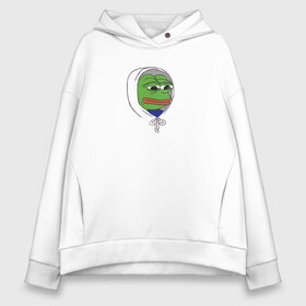 Женское худи Oversize хлопок с принтом Pepe in the hoodie в Петрозаводске, френч-терри — 70% хлопок, 30% полиэстер. Мягкий теплый начес внутри —100% хлопок | боковые карманы, эластичные манжеты и нижняя кромка, капюшон на магнитной кнопке | mem | pepe in the hoodie | грустный | животные | капюшон | лягушка | мем | пепе | пепе в худи | прикол | юмор