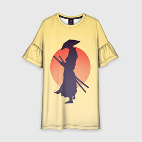 Детское платье 3D с принтом Ронин в Петрозаводске, 100% полиэстер | прямой силуэт, чуть расширенный к низу. Круглая горловина, на рукавах — воланы | bushido | japan | japanes | katana | ronin | samurai | sword | бусидо | воин | восходящее солнце | катана | кимоно | меч | мечник | рассвет | ронин | самурай | самурайский | силуэт | силуэт воина | солнце | якудза | японец