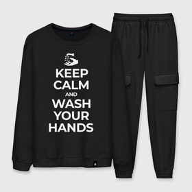 Мужской костюм хлопок с принтом Keep Calm and Wash Your Hands в Петрозаводске, 100% хлопок | на свитшоте круглая горловина, мягкая резинка по низу. Брюки заужены к низу, на них два вида карманов: два “обычных” по бокам и два объемных, с клапанами, расположенные ниже линии бедра. Брюки с мягкой трикотажной резинкой на поясе и по низу штанин. В поясе для дополнительного комфорта — широкие завязки | keep calm | защита | коронавирус | мойте руки | самоизоляция | стоп ковид