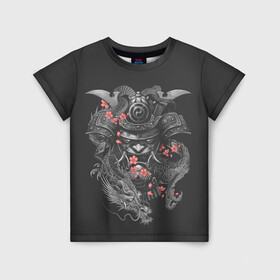 Детская футболка 3D с принтом Самурай и дракон в Петрозаводске, 100% гипоаллергенный полиэфир | прямой крой, круглый вырез горловины, длина до линии бедер, чуть спущенное плечо, ткань немного тянется | cherry | flower petals | helmet | japan | katana | ronin | sakura | samurai | вишня | катана | лепестки цветка | ронин | сакура | самурай | шлем | япония