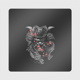 Магнит виниловый Квадрат с принтом Самурай и дракон в Петрозаводске, полимерный материал с магнитным слоем | размер 9*9 см, закругленные углы | Тематика изображения на принте: cherry | flower petals | helmet | japan | katana | ronin | sakura | samurai | вишня | катана | лепестки цветка | ронин | сакура | самурай | шлем | япония