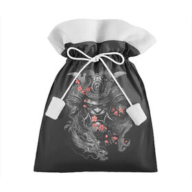 Подарочный 3D мешок с принтом Самурай и дракон в Петрозаводске, 100% полиэстер | Размер: 29*39 см | Тематика изображения на принте: cherry | flower petals | helmet | japan | katana | ronin | sakura | samurai | вишня | катана | лепестки цветка | ронин | сакура | самурай | шлем | япония