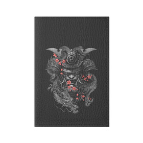 Обложка для паспорта матовая кожа с принтом Самурай и дракон в Петрозаводске, натуральная матовая кожа | размер 19,3 х 13,7 см; прозрачные пластиковые крепления | Тематика изображения на принте: cherry | flower petals | helmet | japan | katana | ronin | sakura | samurai | вишня | катана | лепестки цветка | ронин | сакура | самурай | шлем | япония