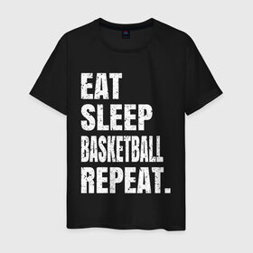 Мужская футболка хлопок с принтом EAT SLEEP BASKETBALL REPEAT в Петрозаводске, 100% хлопок | прямой крой, круглый вырез горловины, длина до линии бедер, слегка спущенное плечо. | Тематика изображения на принте: basketball | bulls.miami | cavaliers | chicago | cleveland | clippers | eat | lakers | los angeles | nba | repeat | sleep | sport | sports | баскетбол | нба | спорт