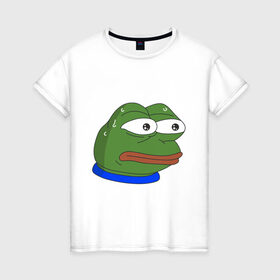 Женская футболка хлопок с принтом Pepe MonkaS в Петрозаводске, 100% хлопок | прямой крой, круглый вырез горловины, длина до линии бедер, слегка спущенное плечо | Тематика изображения на принте: monkas | pepe | испуг | лягушка | мем | пепе | эмоут