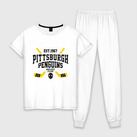 Женская пижама хлопок с принтом Питтсбург Пингвинз в Петрозаводске, 100% хлопок | брюки и футболка прямого кроя, без карманов, на брюках мягкая резинка на поясе и по низу штанин | hockey | nhl | penguins | pittsburg | pittsburgh | pittsburgh penguins | usa | нхл | пингвинз | питтсбург | питтсбург пингвинз | спорт | сша | хоккей | шайба