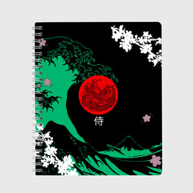 Тетрадь с принтом Japanese style в Петрозаводске, 100% бумага | 48 листов, плотность листов — 60 г/м2, плотность картонной обложки — 250 г/м2. Листы скреплены сбоку удобной пружинной спиралью. Уголки страниц и обложки скругленные. Цвет линий — светло-серый
 | ninja | samurai | больгая волна | дракон | иероглиф | ниндзя | природа | самурай | япония | японское искусство