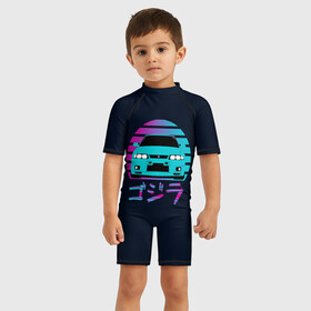 Детский купальный костюм 3D с принтом Skyline R33 в Петрозаводске, Полиэстер 85%, Спандекс 15% | застежка на молнии на спине | Тематика изображения на принте: gtr | jdm | nissan | r33 | skyline | stance | гтр | неон | скайлайн | тюнинг