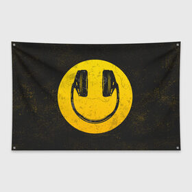 Флаг-баннер с принтом Наушники Смайл в Петрозаводске, 100% полиэстер | размер 67 х 109 см, плотность ткани — 95 г/м2; по краям флага есть четыре люверса для крепления | люблю музыку | музыка | наушники | смайл | улыбка | эмодзи