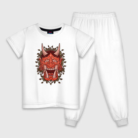 Детская пижама хлопок с принтом Oni demon samurai mask в Петрозаводске, 100% хлопок |  брюки и футболка прямого кроя, без карманов, на брюках мягкая резинка на поясе и по низу штанин
 | Тематика изображения на принте: art | cyberpunk samurai | ninja | oni | ronin | samurai | shogun | yakuza | арт | воин | воитель | демон | киберпанк самурай | мерч | мужик | мужчина | они | путь воина | путь война | ронин | сёгун | сепукку | токио | черный самурай